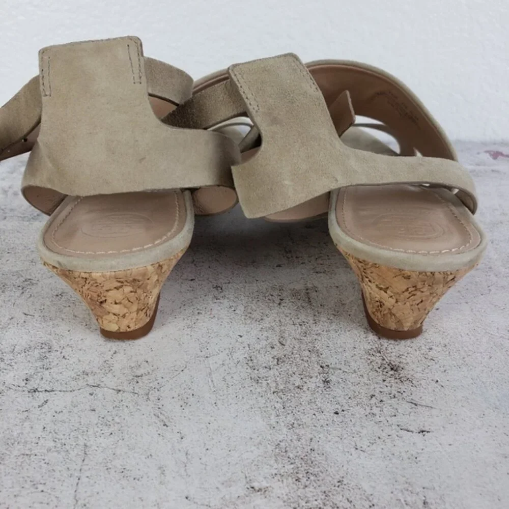 Tory Burch Leather Suede Cork Wedge Sandals Gray size 8.5M Comfort Preppy